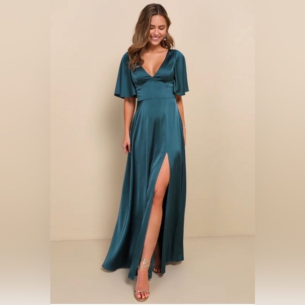 Lulus Elegant Confidence Teal Satin Flutter Sleeve
Cutout Maxi Dress